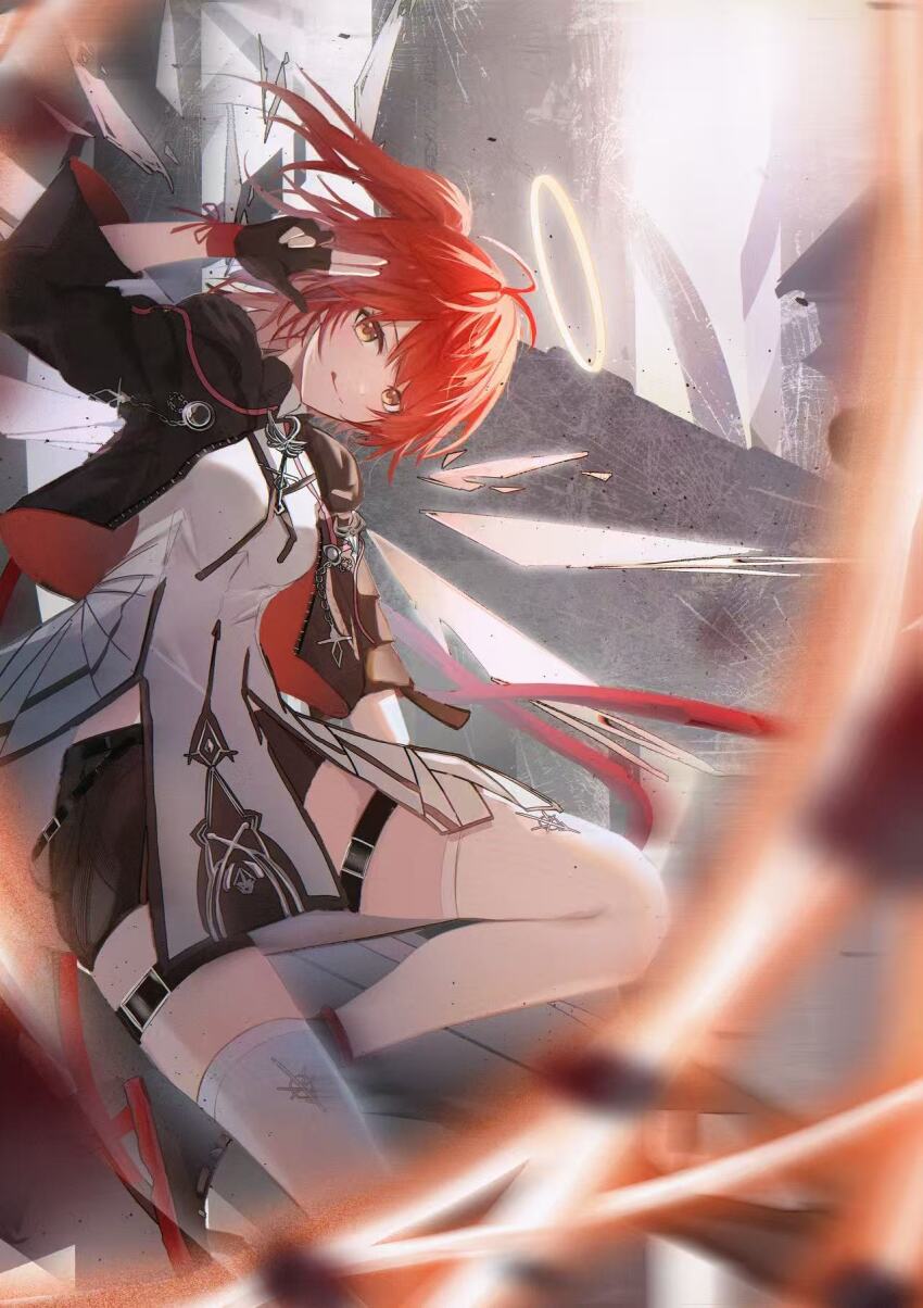 1girl arknights black_gloves black_jacket black_shorts exusiai_(arknights) exusiai_the_new_covenant_(arknights) gloves h4nam1 highres jacket looking_at_viewer medium_hair one_side_up open_clothes open_jacket orange_eyes partially_fingerless_gloves red_hair shirt shorts solo thigh_strap thighhighs white_shirt white_thighhighs