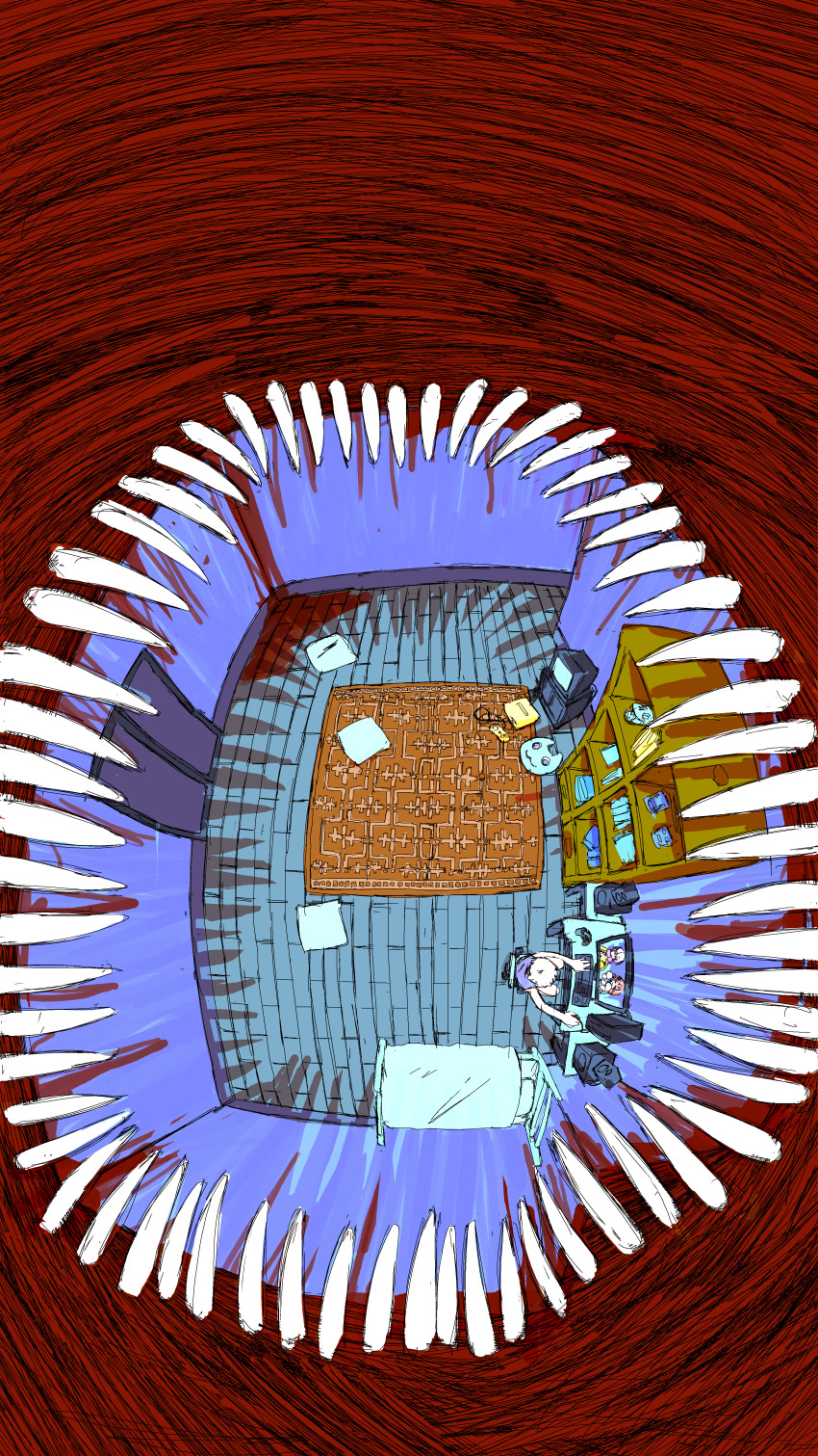 .flow 1girl absurdres bed chair computer controller door from_above game_console game_controller highres computer_keyboard monitor computer_mouse pantsu-ripper rug sabitsuki sharp_teeth sitting speaker teeth television wooden_floor