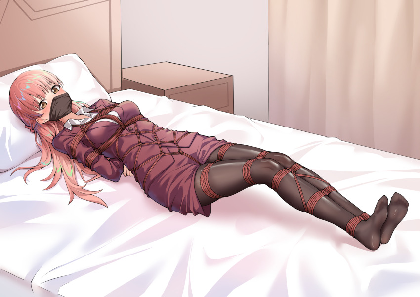1girl absurdres arms_behind_back bdsm bed bed_sheet bedroom between_breasts between_legs between_thighs black_pantyhose black_shoes blush bondage bound bound_arms bound_breasts bound_legs bound_torso bow breast_bondage breasts brown_eyes clenched_hand cloth_gag clothes_lift collared_jacket collared_shirt commission crotch_rope curtains embarrassed female_focus gag gagged hair_ornament hair_ribbon high_heels highres improvised_gag indoors jacket legs_together long_hair looking_at_viewer looking_to_the_side looking_up medium_breasts momose_narumi nightstand office_lady otaku_ni_koi_wa_muzukashii over_the_nose_gag pantyhose perky_breasts pillow pink_bow pink_hair pixiv_commission red_jacket red_rope red_skirt ribbon rope shibari shibari_over_clothes shirt shoes sidelocks skin_tight skindentation skirt skirt_lift solo surprised t_zhonglang white_bed white_shirt