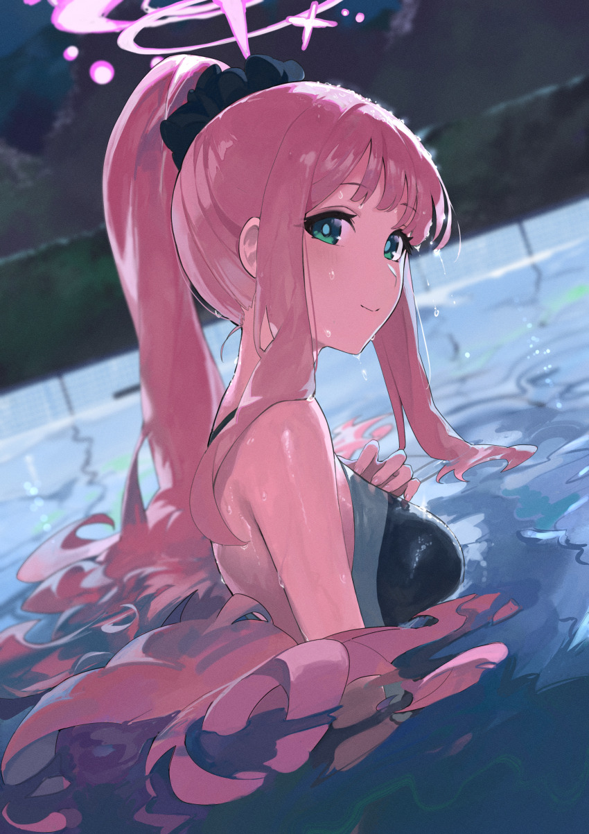 024th 1girl absurdres bare_shoulders blue_archive breasts closed_mouth commentary competition_swimsuit green_eyes hair_ornament hair_scrunchie halo highres long_hair looking_to_the_side medium_breasts mika_(blue_archive) one-piece_swimsuit outdoors partially_submerged pink_hair ponytail scrunchie sidelocks smile solo swimsuit water wet