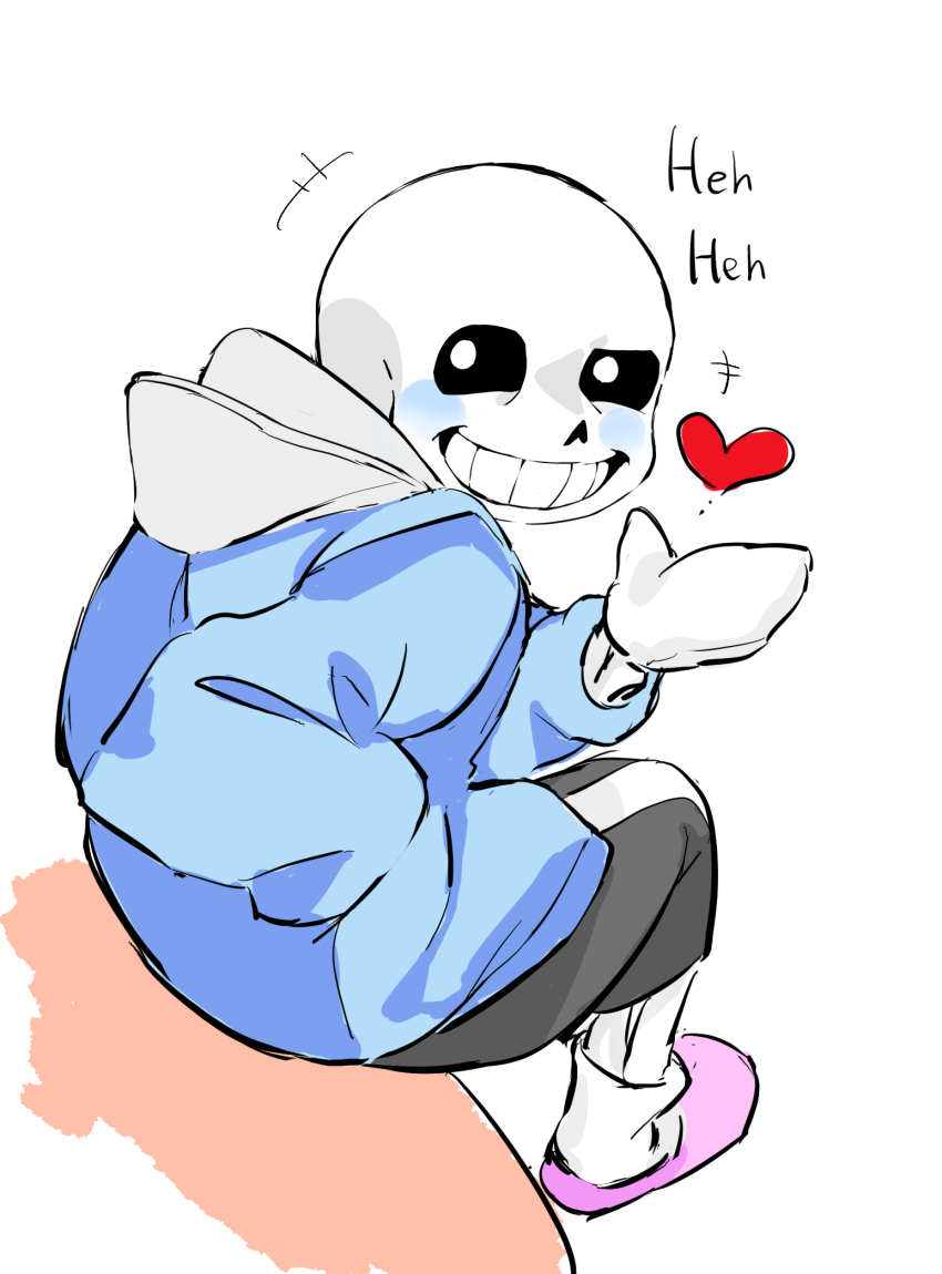 1boy ahin_vpv back black_sclera black_shorts blue_jacket colored_sclera grin heart highres hood hoodie jacket laughing male_focus one_eye_closed sans_(undertale) shorts sitting skeleton smile solo teeth undertale white_eyes