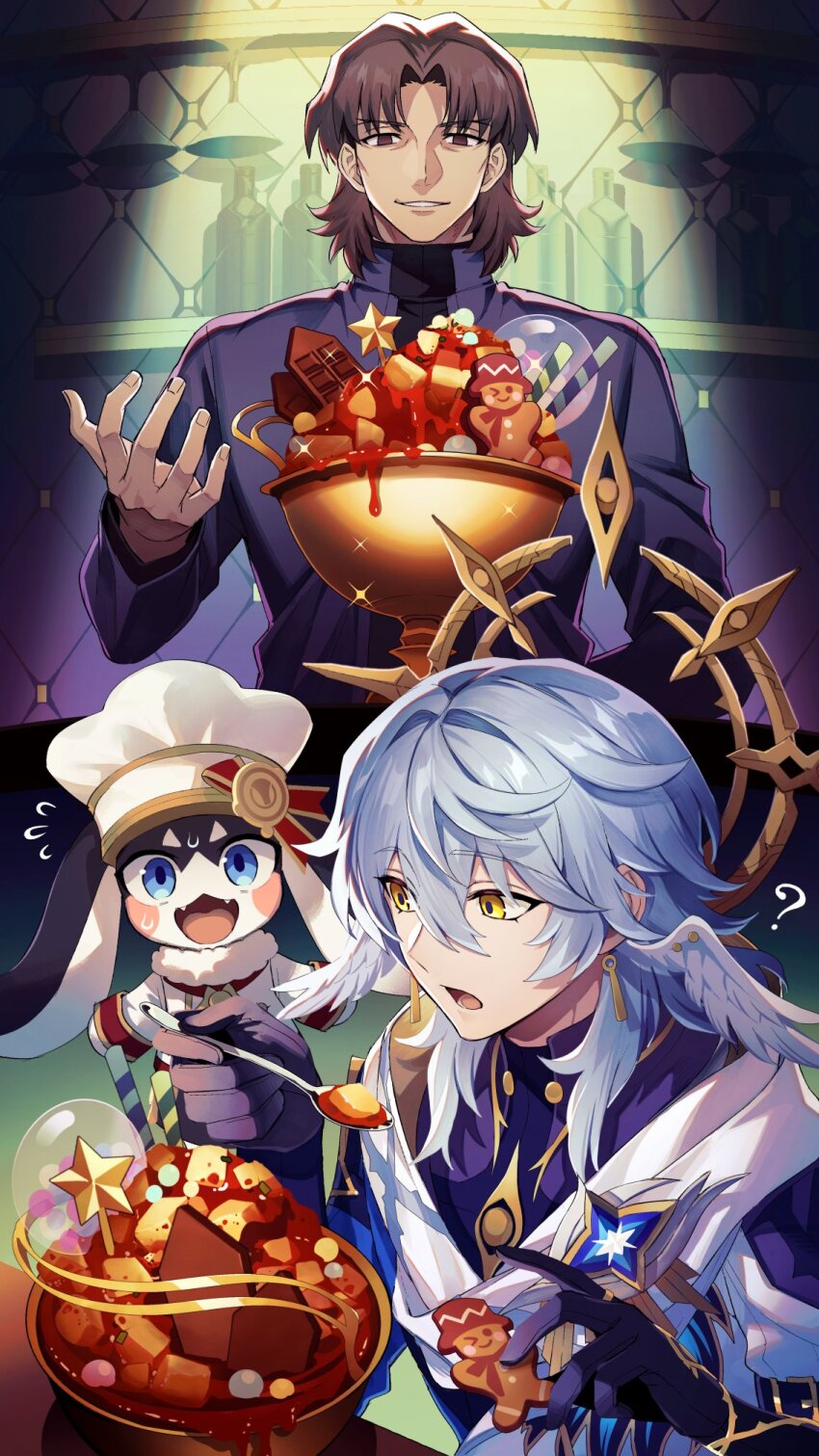 3boys black_shirt blue_eyes blue_hair blue_shirt brown_eyes fate/stay_night fate_(series) feathered_wings food hat highres holy_grail_(fate) honkai:_star_rail honkai_(series) kotomine_kirei mapo_tofu meiji_ken multiple_boys pom-pom_(honkai:_star_rail) shirt spoon sunday_(honkai:_star_rail) white_hat wings yellow_eyes