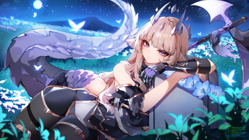 absurdres armor artist_name black_sleeves blonde_hair blue_flower bug butterfly commission detached_sleeves flower gauntlets highres horns indie_virtual_youtuber insect long_hair maowri_(vtuber) meadow night night_sky pantyhose purple_eyes scythe single_detached_sleeve single_gauntlet sky symbol-shaped_pupils tail thigh_strap twitter_username virtual_youtuber weapon weiic