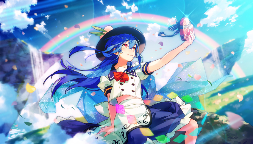 1girl apron black_hat blue_hair blue_skirt blue_sky blurry bow bowtie box closed_mouth cloud commentary day depth_of_field english_commentary falling_petals food frilled_skirt frills fruit hat heart-shaped_box highres hinanawi_tenshi lens_flare logi_bunbukucha long_hair official_art outdoors peach peach_hat_ornament petals pink_petals puffy_short_sleeves puffy_sleeves rainbow rainbow_order red_bow red_bowtie red_eyes second-party_source shirt short_sleeves sitting skirt sky smile solo touhou touhou_danmaku_kagura valentine very_long_hair waist_apron water waterfall white_apron white_shirt