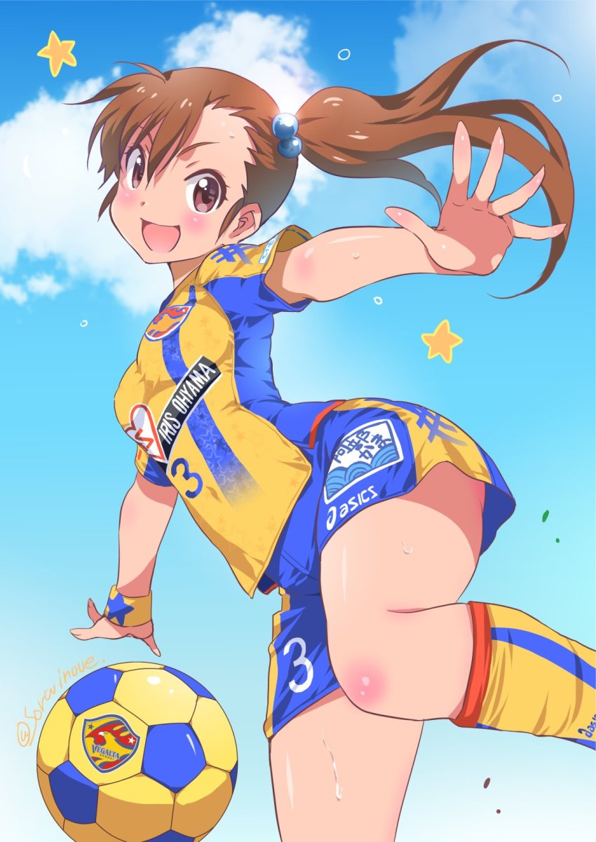 1girl ball blush breasts brown_eyes brown_hair cloud commentary_request day female_focus futami_mami hair_bobbles hair_ornament highres idolmaster idolmaster_(classic) inoue_sora j._league kneehighs long_hair looking_at_viewer medium_breasts open_mouth shirt shorts side_ponytail sky smile soccer soccer_ball soccer_uniform socks solo sportswear star_(symbol) striped sweat vegalta_sendai