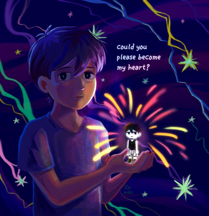 2boys alternate_costume antenna_hair black_eyes black_hair black_shirt black_socks black_tank_top bright_pupils closed_mouth colored_skin double-parted_bangs dual_persona english_text hair_between_eyes highres looking_at_viewer male_focus mini_person miniboy multiple_boys omori omori_(omori) rolover10 shirt short_hair short_sleeves shorts socks striped_clothes striped_shorts sunny_(omori) t-shirt tank_top vertical-striped_clothes vertical-striped_shorts white_pupils white_shorts white_skin