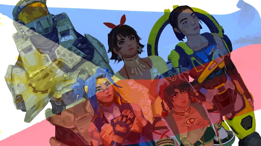 2gbram 5girls apex_legends assault_visor black_gloves black_hair blue_tank_top brown_eyes conduit_(apex_legends) country_connection crossover dark-skinned_female dark_skin dead_or_alive dead_or_alive_4 earrings exoskeleton fingerless_gloves gloves grey_gloves hair_behind_ear halo_(series) hand_over_heart helmet highres jewelry josie_rizal looking_up made_in_2024 multicolored_hair multiple_crossover multiple_girls neon_(valorant) nicole-458 philippine_flag shirt short_hair smile soul_calibur spartan_(halo) streaked_hair talim tank_top tekken tekken_7 twintails two_side_up valorant yellow_shirt