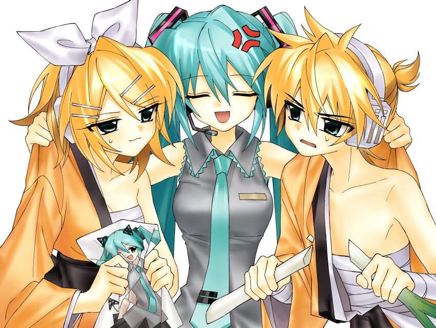 1boy 2girls :3 absurdres anger_vein angry annoyed aqua_eyes aqua_hair aqua_necktie bandaged_wrist bandages bare_shoulders black_sash blonde_hair bow breasts brother_and_sister chest_sarashi clothes_grab collarbone collared_shirt drawn_horns drawn_tail false_smile food gekokujou_(vocaloid) grey_shirt hadanugi_dousa hair_between_eyes hair_bow hair_ornament hairclip half-closed_eyes hatsune_miku headphones headset highres holding holding_food holding_phone holding_spring_onion holding_vegetable hynn0x_x japanese_clothes kagamine_len kagamine_rin kimono midriff_sarashi multiple_girls narrow_waist necktie obi open_clothes open_kimono open_mouth orange_kimono phone pleated_skirt ponytail sarashi sash shirt short_hair short_ponytail siblings single_bare_shoulder skirt sleeveless sleeveless_shirt small_breasts smile spring_onion sweatdrop swept_bangs tie_clip twins v-shaped_eyebrows vandalism vegetable vocaloid white_bow