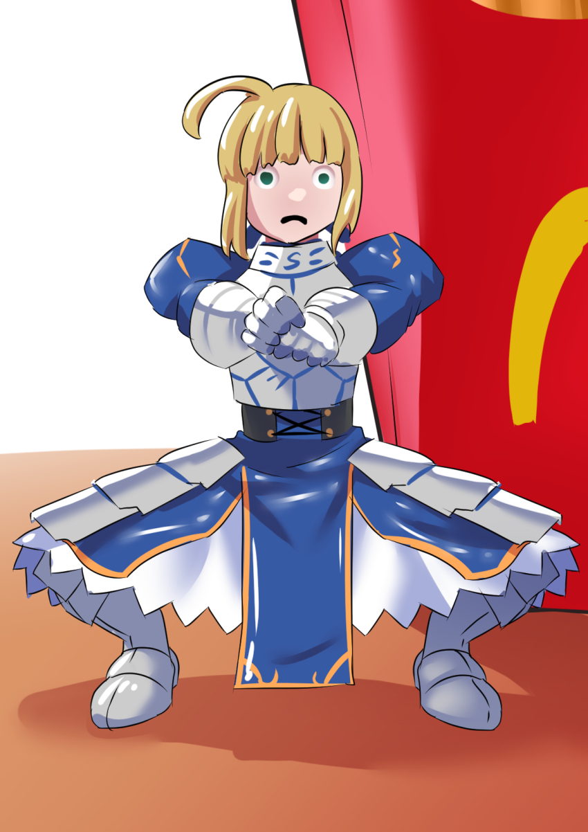 ahoge armor armored_boots armored_dress artoria_pendragon_(fate) balancing_sasuke blonde_hair blue_dress boots dress fate/stay_night fate_(series) figure food french_fries green_eyes highres mcdonald&#039;s meme saber_(fate) sader squatting white_background yakuoyoso