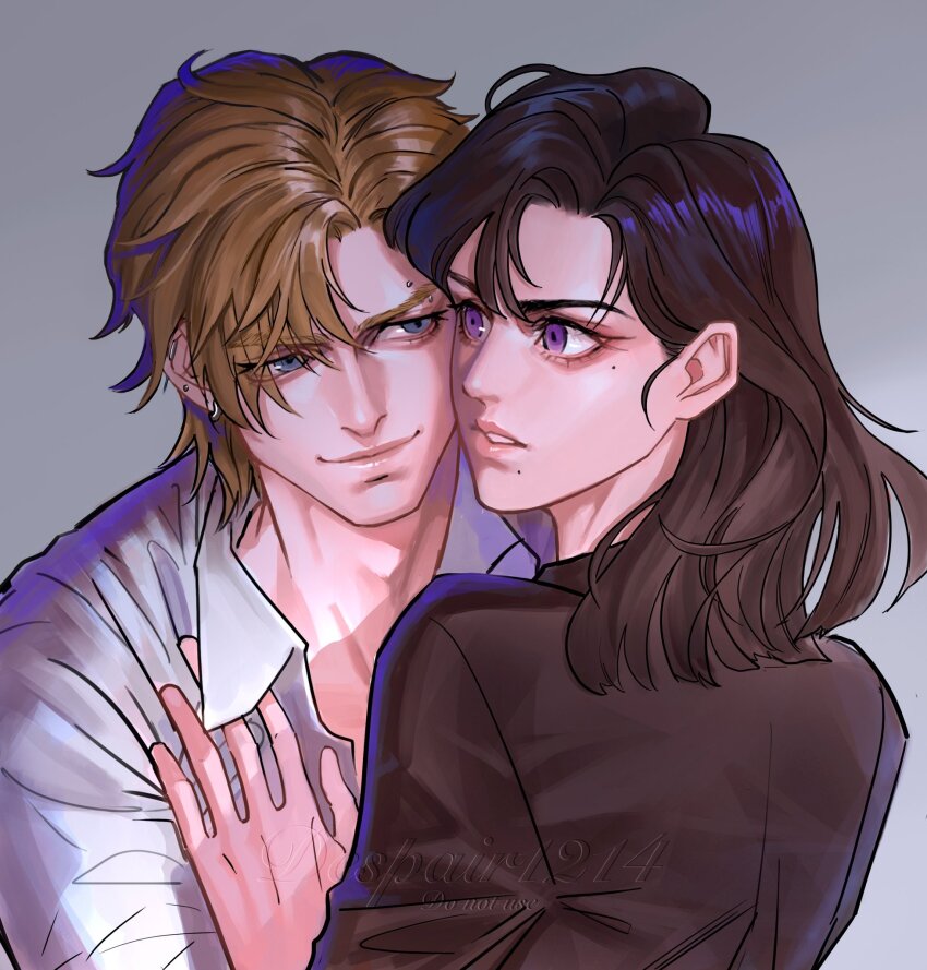 1boy 1girl artist_name black_hair black_shirt blonde_hair blue_eyes collared_shirt degrees_of_lewdity despair_1214 earrings eyebrow_piercing highres jewelry mole mole_under_eye mole_under_mouth piercing player_character_(degrees_of_lewdity) player_character_(female)_(degrees_of_lewdity) purple_eyes shirt short_hair upper_body watermark white_shirt whitney_(degrees_of_lewdity) whitney_(male)_(degrees_of_lewdity)