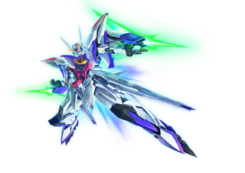 absurdres arm_blade clenched_hand commentary eclipse_gundam energy_blade eye_trail glowing glowing_eye gundam gundam_seed gundam_seed_eclipse highres ibuki_sakura_(sgw_v07) light_trail looking_at_viewer mecha mobile_suit no_humans robot science_fiction solo weapon white_background