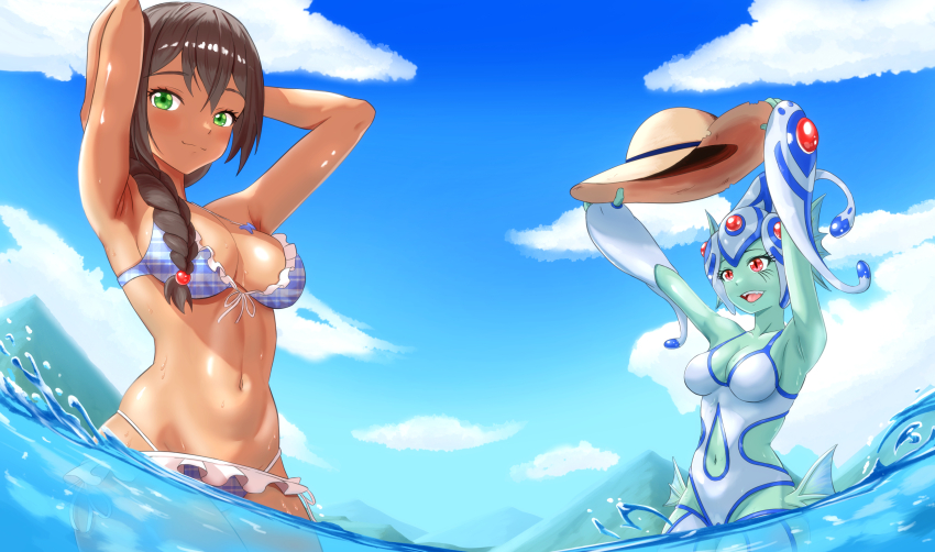 2girls :d absurdres armpits arms_up bare_shoulders bikini blue_bikini blue_gloves blue_leggings blue_one-piece_swimsuit blue_sky braid breasts brown_hair cleavage closed_mouth clothing_cutout cloud collarbone colored_skin commentary day detached_leggings digimon digimon_(creature) digimon_frontier fingerless_gloves fins gloves green_eyes green_skin groin hair_between_eyes hair_over_shoulder hat head_fins highres holding holding_unworn_clothes holding_unworn_hat leggings looking_at_viewer medium_breasts monster_girl multiple_girls navel navel_cutout ocean omeka_gamma one-piece_swimsuit open_mouth original outdoors partially_submerged plaid_bikini plaid_clothes presenting_armpit ranamon red_eyes side_cutout sidelocks sky smile standing stomach sun_hat swimsuit teeth unworn_hat unworn_headwear upper_teeth_only water wet