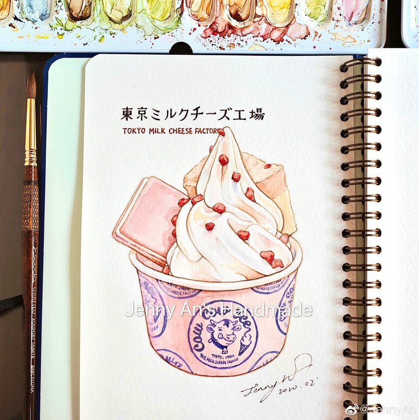 absurdres art_tools_in_frame bowl chinese_commentary commentary_request company_logo dated english_text food food_focus fruit highres ice_cream ice_cream_sandwich jennyan mixed-language_text no_humans original painting_(medium) photo_(medium) signature strawberry traditional_media watercolor_(medium) watermark weibo_watermark