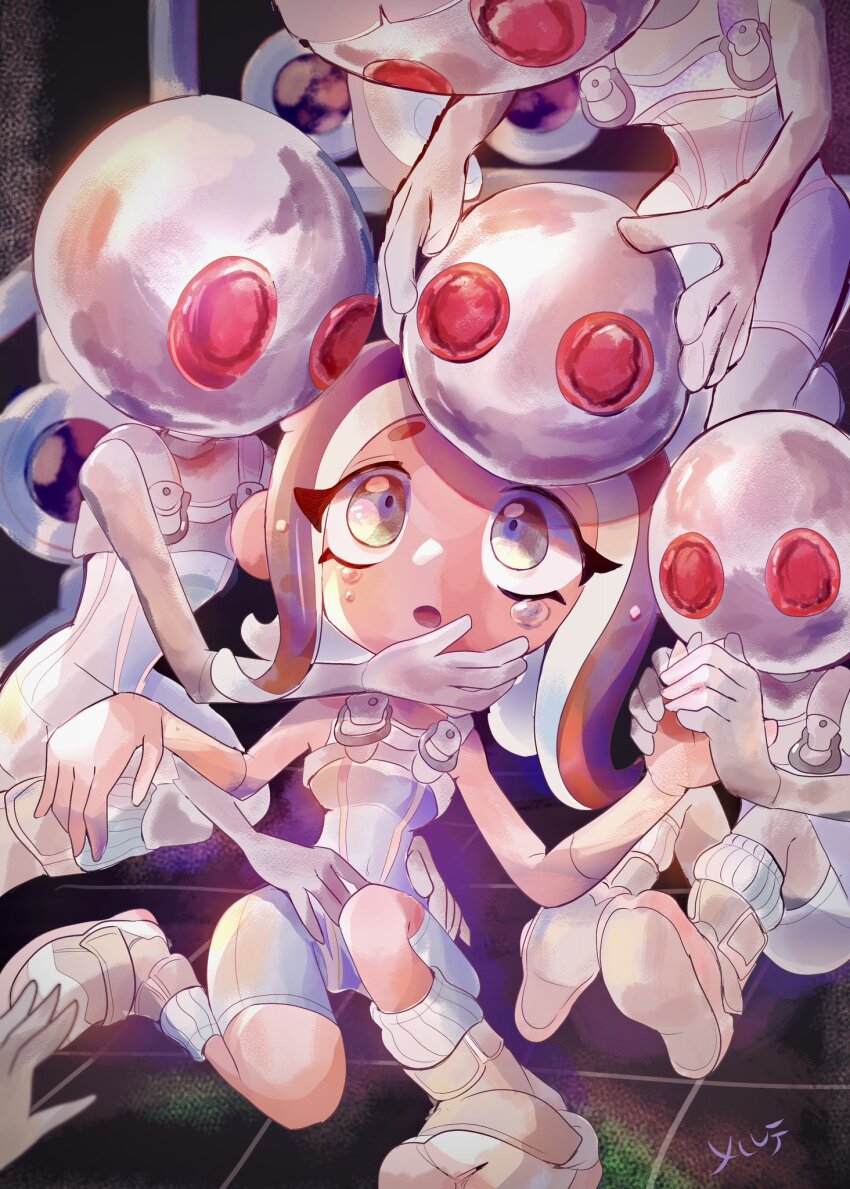 4girls :o agent_8_(splatoon) bodysuit brown_hair colored_skin commentary_request covered_navel eyelashes grey_skin highres jelleton medium_hair merute_spla multiple_girls nintendo octoling octoling_girl octoling_player_character parallel_canon_(splatoon) red_eyes shoes sitting sleeveless sleeveless_bodysuit socks splatoon_(series) splatoon_3 splatoon_3:_side_order tears tentacle_hair white_bodysuit white_footwear white_socks