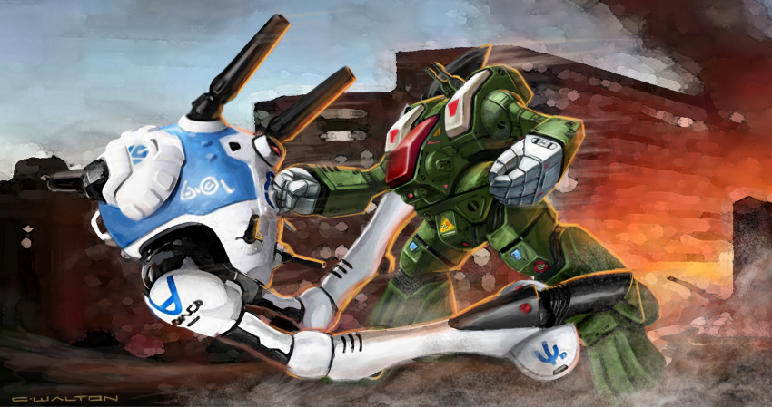 alien battle burning choujikuu_yousai_macross chuckwalton commentary damaged destroid dirty duel energy_cannon english_commentary falling fire highres macross mecha missile_pod official_art promotional_art punching realistic regult robot robotech roundel ruins signature smoke spartan_(destroid) u.n._spacy walker_(robot) zentlardy_alphabet zentradi