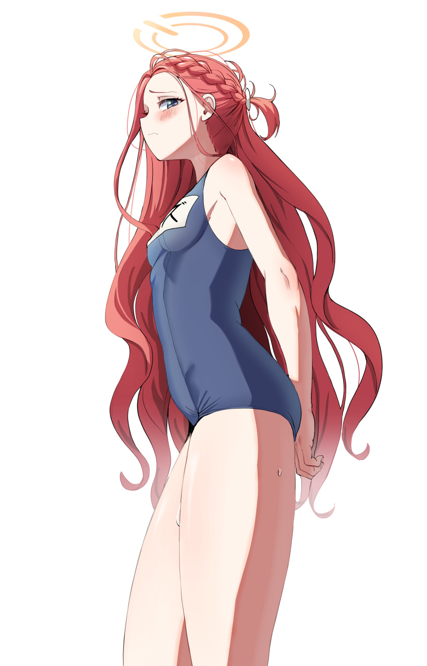 1girl absurdres alternate_costume blue_archive blue_eyes blue_one-piece_swimsuit blush clipstupid commentary covered_erect_nipples curly_hair halo hands_on_own_ass highres long_hair name_tag one-piece_swimsuit red_hair school_swimsuit swimsuit thighs white_background yellow_halo yuzu_(blue_archive)