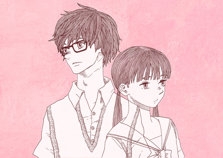 1boy 1girl glasses kawamoto_hinata kiriyama_rei long_hair monochrome pink_background sangatsu_no_lion short_hair twintails yonezu_kenshi