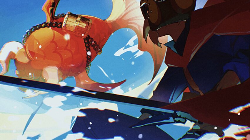 1boy animal blue_shirt blue_sky cape chain facial_hair fighting_stance fish goldfish helmet highres holding holding_weapon horns male_focus mustache one_piece onecata11 red_cape sabo_(one_piece) shirt sky sleeves_rolled_up solo splashing treasure_chest weapon