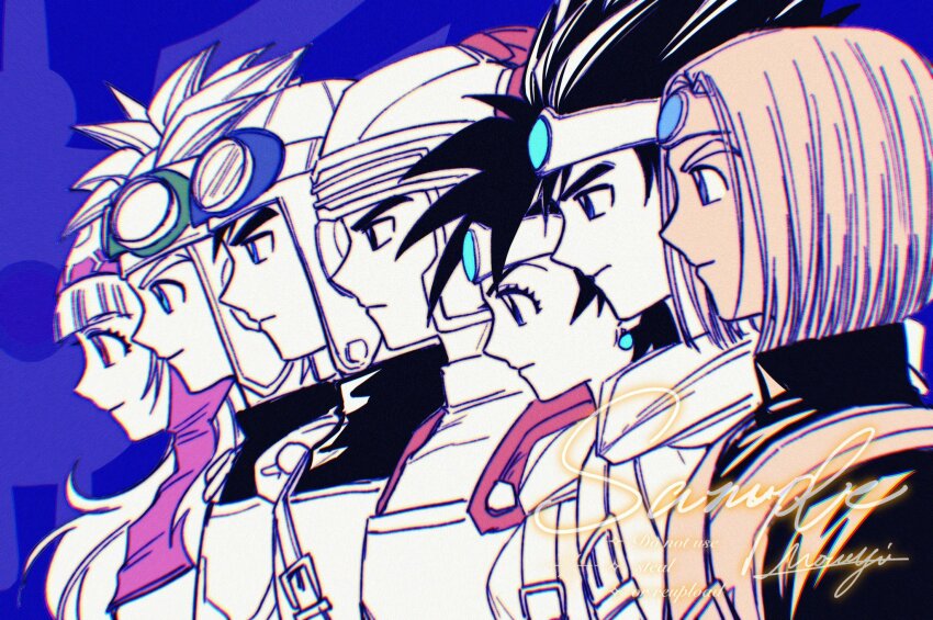 2girls 5boys ancestor_and_descendant black_eyes blue_background blue_eyes blue_gemstone cape chromatic_aberration circlet commentary cousins dragon_quest dragon_quest_i dragon_quest_ii dragon_quest_iii dragon_quest_xi earrings gem goggles goggles_on_headwear helmet hero_(dq1) hero_(dq11) hero_(dq3) heroine_(dq3) highres hood in-franchise_crossover jewelry limited_palette long_hair mouyi multiple_boys multiple_girls official_alternate_costume pink_eyes pink_hood prince_of_lorasia prince_of_samantoria princess_of_moonbrook profile red_cape sample_watermark short_hair signature sphere_earrings spiked_hair symbol-only_commentary thick_eyebrows upper_body watermark