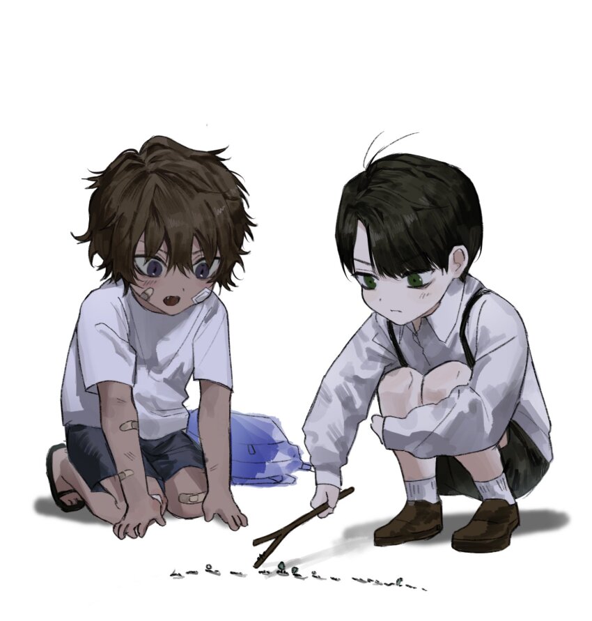 2boys aged_down ant backpack bag bandaid bandaid_on_arm bandaid_on_cheek bandaid_on_face bandaid_on_knee bandaid_on_leg black_hair black_shorts brown_hair brown_shoes bug chanil_(muexlku) closed_mouth collared_shirt dark-skinned_male dark_skin fang green_eyes heathcliff_(project_moon) highres holding holding_stick insect kneeling korean_commentary limbus_company loafers male_focus meursault_(project_moon) multiple_boys project_moon purple_eyes sandals shirt shoes short_hair short_sleeves shorts simple_background socks squatting stick suspenders t-shirt white_background white_shirt white_socks