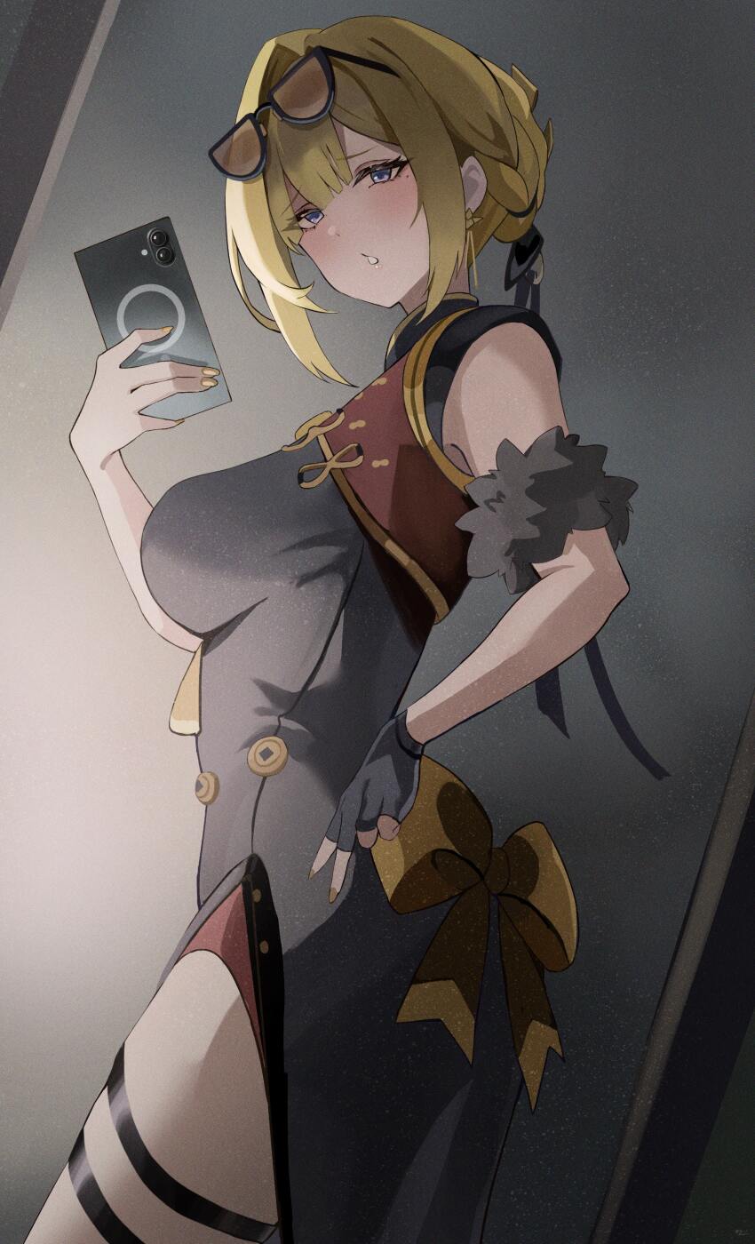 1girl :o absurdres black_dress black_gloves blonde_hair blush breasts cellphone china_dress chinese_clothes commentary_request cosplay dress evelyn_chevalier eyewear_on_head fingerless_gloves from_side gloves hair_up hand_on_own_hip highres holding holding_phone large_breasts mirror_selfie phone purple_eyes single_fingerless_glove sleeveless sleeveless_dress smartphone solo sweety_(zenless_zone_zero) sweety_(zenless_zone_zero)_(cosplay) tinted_eyewear yato_(yama0x1) yellow-tinted_eyewear zenless_zone_zero