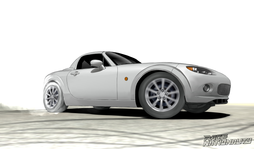 absurdres amoemo burnout car commentary english_commentary eunos_roadster highres logo mazda mazda_mx-5 mazda_mx-5_nc motion_blur motor_vehicle no_humans original road shadow simple_background skid_mark smoke sports_car street vehicle_focus white_background white_car