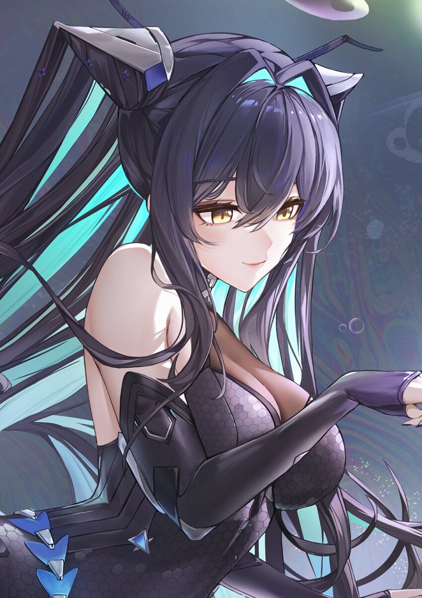1girl accessories aqua_hair backless_bodysuit bare_shoulders black_bodysuit black_hair bodysuit breasts bubble cleavage colored_inner_hair eru_(eru_illust) folded_hair gloves goddess_of_victory:_nikke hair_intakes halterneck highres honeycomb_(pattern) honeycomb_print little_mermaid_(nikke) long_hair multicolored_hair see-through_bodysuit see-through_cleavage see-through_clothes shiny_eyes solo twintails upper_body very_long_hair yellow_eyes