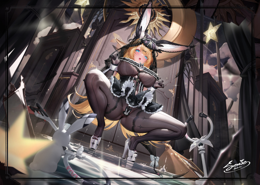1girl animal_ears black_skirt blonde_hair blue_eyes breasts commentary crosscore dk.senie high_heels highres impossible_clothes large_breasts long_hair looking_at_viewer open_mouth platform_shoes rabbit_ears shoes skirt solo spread_legs squatting symbol-only_commentary two-tone_skirt very_long_hair white_shoes white_skirt
