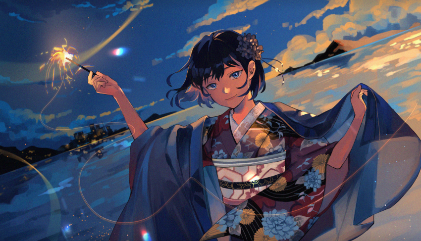 1girl amo_(amo_0514) arm_up backlighting black_hair blanket blanket_cape blue_eyes blue_sky closed_mouth cloud colored_inner_hair commentary_request dawn dutch_angle fireworks floating_clothes floating_hair floral_print floral_print_kimono flower flower_request furisode_sleeves hair_flower hair_ornament hand_up highres holding holding_fireworks horizon japanese_clothes kimono light_smile light_trail looking_at_viewer mountainous_horizon multicolored_hair obi obiage obijime ocean original outdoors pink_hair print_kimono red_kimono reflection reflective_water sash short_hair sky skyline solo sparkler sparks standing three-quarter_sleeves upper_body wide_sleeves