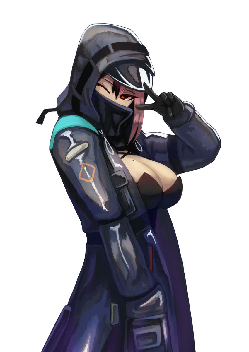 1girl absurdres arknights black_leotard breasts covered_mouth cowboy_shot der_zweite doctor_(arknights) female_doctor_(arknights) hand_up heart heart-shaped_pupils highres hood hood_up hooded_jacket indie_virtual_youtuber jacket large_breasts leotard long_sleeves mole mole_on_breast one_eye_closed open_clothes open_jacket simple_background solo symbol-shaped_pupils towa_(towa_akqj10) v v_over_eye virtual_youtuber white_background