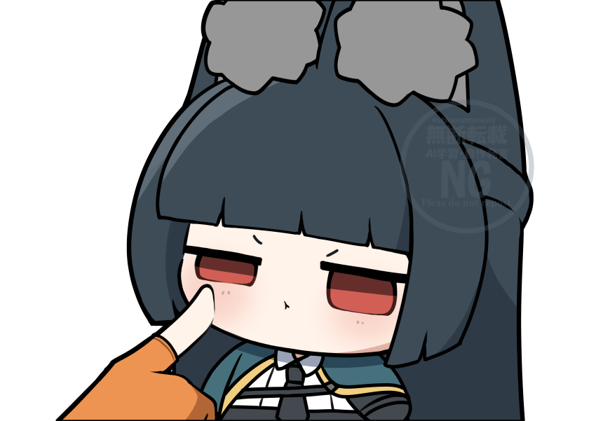 2girls :t absurdres animal_ear_fluff animal_ears aqua_capelet belle_(zenless_zone_zero) black_hair black_necktie black_skirt blunt_bangs blunt_ends chibi commentary_request fingerless_gloves gloves hand_on_another&#039;s_cheek hand_on_another&#039;s_face highres hime_cut hoshimi_miyabi jitome long-eared_miyabi_(meme) long_hair meme multiple_girls necktie orange_gloves red_eyes shinonome_nashi shirt simple_background skirt solo_focus very_long_ears very_long_hair watermark white_background white_shirt zenless_zone_zero