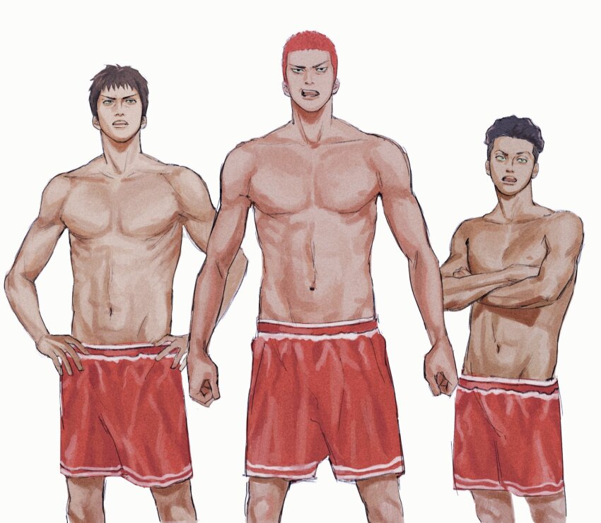 3boys basketball_jersey basketball_uniform black_eyes brown_eyes brown_hair buzz_cut cowboy_shot crossed_arms hands_on_own_hips highres inudog_17 looking_ahead male_focus mitsui_hisashi miyagi_ryouta multiple_boys open_mouth red_hair red_shorts sakuragi_hanamichi short_hair shorts simple_background slam_dunk_(series) sportswear topless_male undercut very_short_hair wavy_hair white_background
