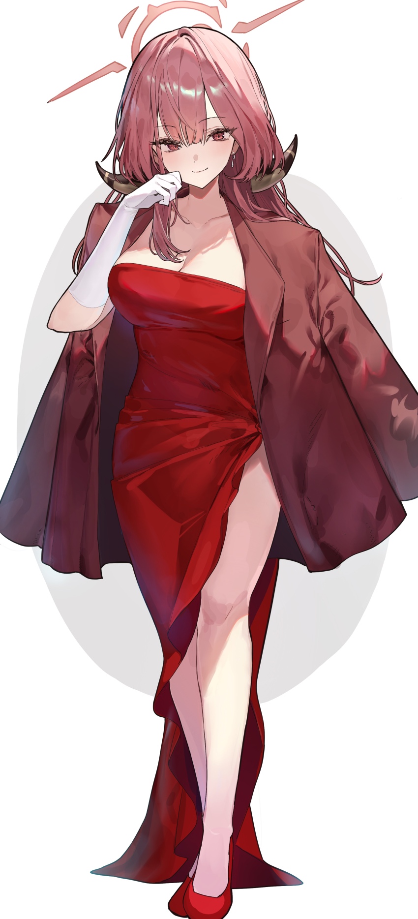 1girl absurdres aru_(blue_archive) aru_(dress)_(blue_archive) blue_archive breasts brown_horns cleavage closed_mouth coat coat_on_shoulders demon_horns dress earrings full_body gloves halo highres horns jewelry kabi_(zcwd8845) large_breasts long_hair pink_hair pink_halo red_coat red_dress red_shoes shoes simple_background smile solo white_background white_gloves yellow_eyes
