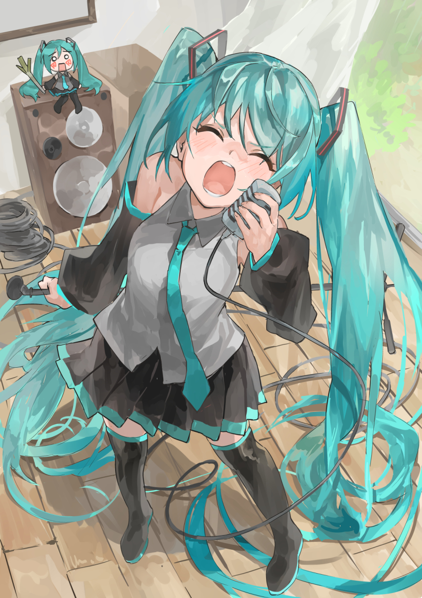 2girls :o absurdly_long_hair aqua_eyes aqua_hair autumn_leaves bare_shoulders black_footwear black_skirt black_sleeves blue_necktie blush boots breasts cable closed_eyes collared_shirt commentary_request curtains detached_sleeves facing_up floor food from_above full_body grey_shirt hachune_miku hair_between_eyes hair_spread_out hatsune_miku highres himukai_aoi holding holding_food holding_microphone holding_microphone_stand holding_spring_onion holding_vegetable ievan_polkka_(vocaloid) leaf long_hair looking_up microphone microphone_stand miniskirt multiple_girls necktie open_mouth parquet_floor picture_frame pleated_skirt shirt skirt sleeveless sleeveless_shirt small_breasts speaker spring_onion standing teeth thigh_boots thighhighs twintails v-shaped_eyebrows vegetable very_long_hair vocaloid white_curtains wind window zettai_ryouiki