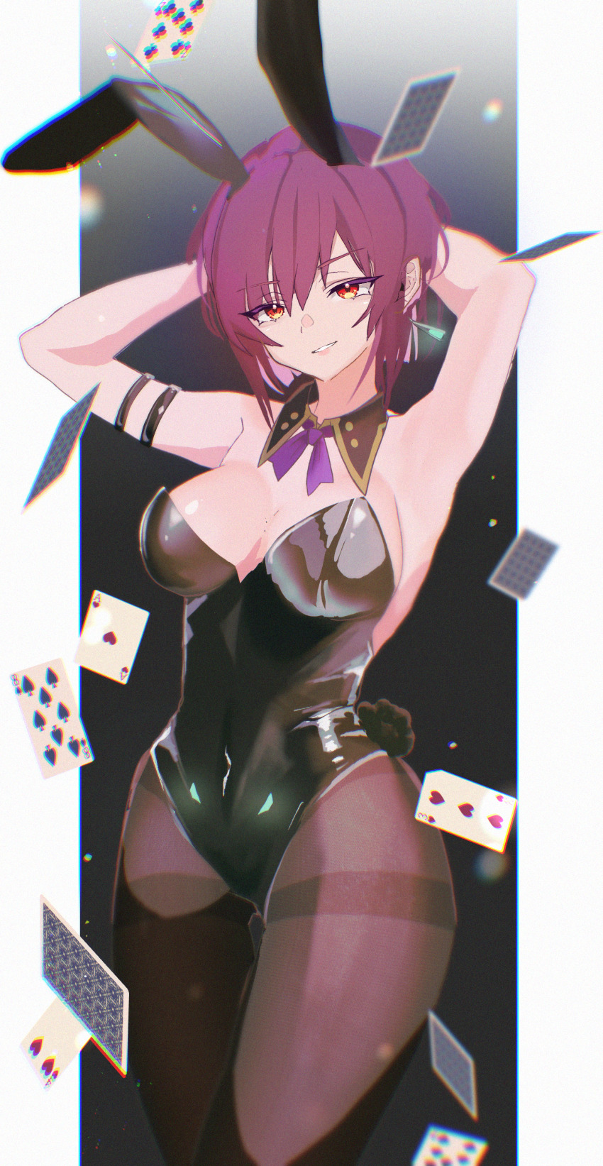 108shizuku absurdres animal_ears black_leotard breasts detached_collar fake_animal_ears fake_tail heaven_burns_red highleg highleg_leotard highres large_breasts leotard playboy_bunny poker purple_hair rabbit_ears rabbit_tail red_eyes short_hair strapless strapless_leotard tail tezuka_saki