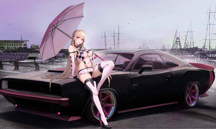 1girl absurdres alternate_costume black_panties blonde_hair breasts car checkered_clothes commission dodge_challenger elbow_gloves fingerless_gloves gloves goddess_of_victory:_nikke harbor high_heels highres holding holding_umbrella horns kcar66t large_breasts leaning_against_vehicle leaning_back long_hair looking_at_viewer miniskirt motor_vehicle nail_polish navel on_car open_mouth outdoors panties pink_eyes pink_horns pink_nails pleated_skirt race_queen revealing_clothes sideboob skirt sleeveless sleeveless_turtleneck solo thighhighs turtleneck umbrella underboob underwear very_long_hair viper_(nikke) yacht