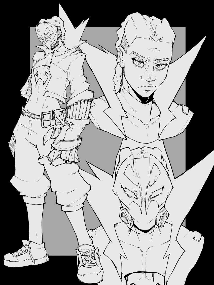 1boy absurdres belt_pouch braid cargo_shorts clawed_gauntlets commentary english_commentary full_body gauntlets greyscale highres jacket kekel looking_at_viewer male_focus marvel miles_g._morales monochrome multiple_views mystical_high_collar outside_border pouch prowler_(marvel) shoes shorts sneakers spider-man:_across_the_spider-verse spider-man_(series) spider-verse untied_shoelaces