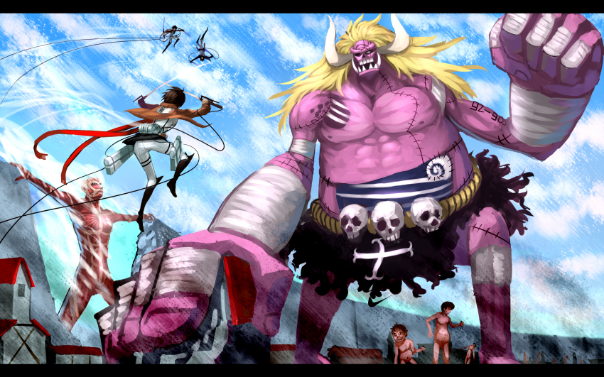 action black_hair blonde_hair colossal_titan crossover dual_wielding epic giant highres holding horns jacket kbk1234 long_hair mikasa_ackerman military military_uniform monster muscular nude oars one_piece scar scarf shingeki_no_kyojin short_hair skull steam sword teeth three-dimensional_maneuver_gear titan_(shingeki_no_kyojin) wall weapon