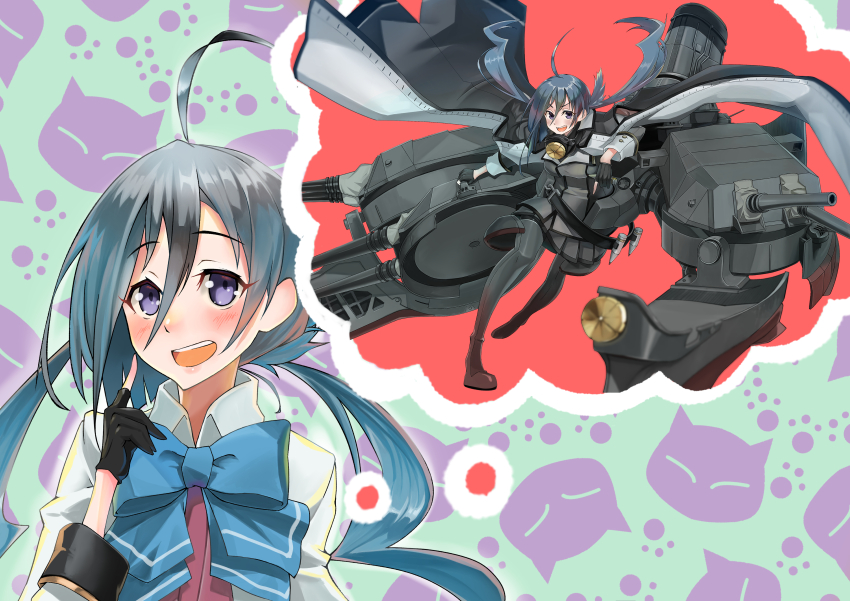1girl :d absurdres ahoge black_gloves blue_bow blue_bowtie boots bow bowtie cosplay derivative_work echo-kilo gloves grey_hair hair_between_eyes highres image_in_thought_bubble kantai_collection kiyoshimo_(kancolle) long_hair long_sleeves looking_at_viewer low_twintails machinery musashi_(kancolle) musashi_(kancolle)_(cosplay) musashi_kai_ni_(kancolle) open_mouth partially_fingerless_gloves school_uniform smile solo speech_bubble thigh_boots thought_bubble twintails upper_body very_long_hair