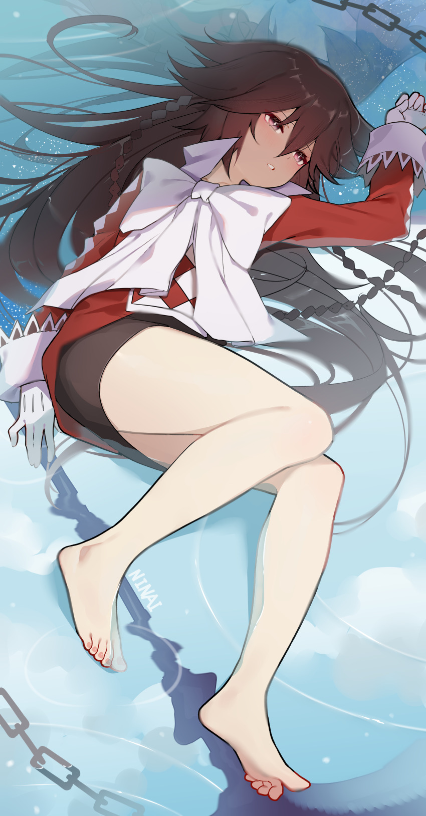 1girl absurdres alice_(pandora_hearts) artist_name barefoot black_shorts bow brown_eyes brown_hair chain gloves hair_between_eyes high_collar highres long_hair long_sleeves lying ninai on_back pandora_hearts partially_submerged red_shirt scythe shirt shorts solo variant_set white_bow