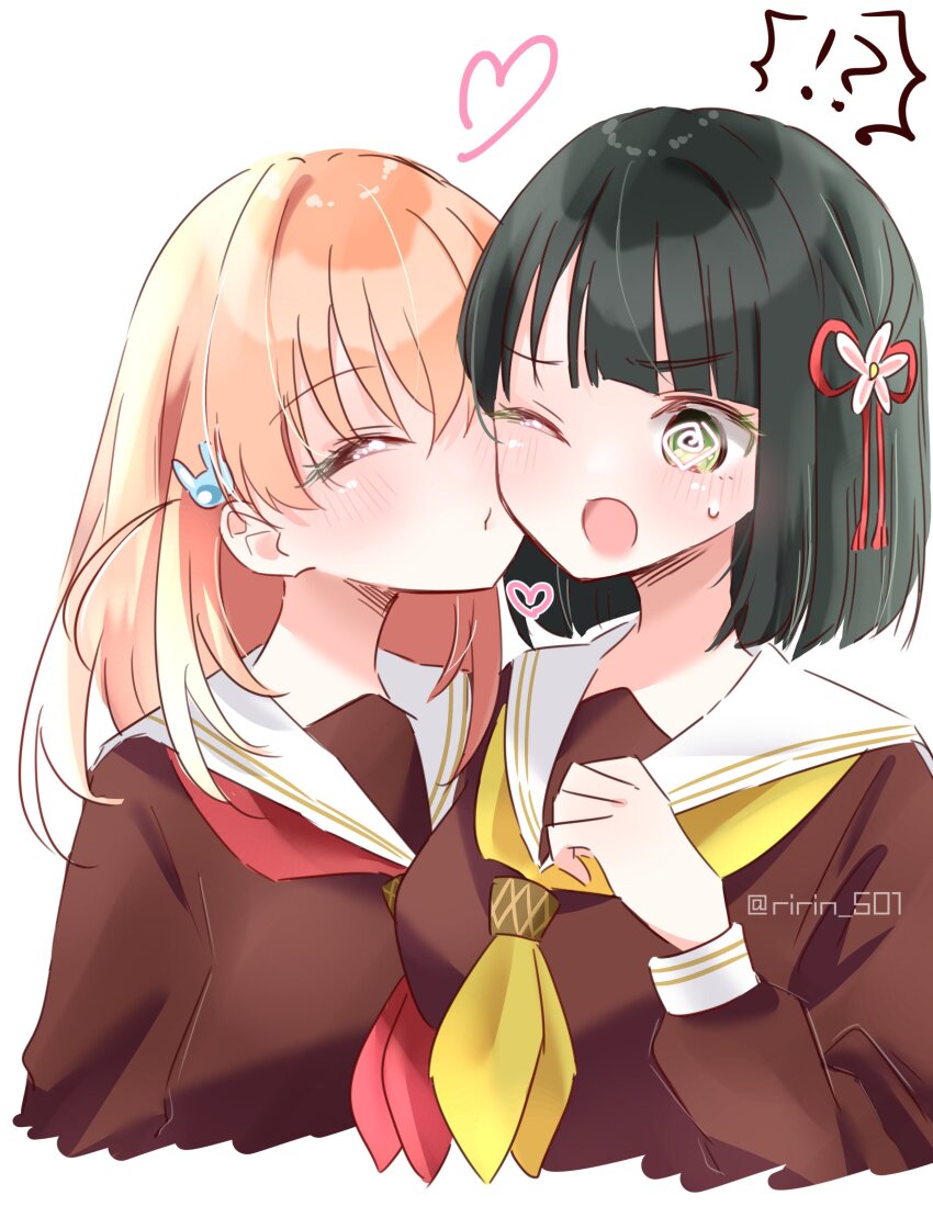 !? 2girls ;o @_@ absurdres black_hair blunt_bangs blunt_ends blush bob_cut breasts brown_dress cerise_bouquet commentary_request cropped_torso dress hair_ornament hasu_no_sora_school_uniform heart highres hinoshita_kaho imminent_kiss link!_like!_love_live! long_sleeves love_live! medium_breasts medium_hair momose_ginko multiple_girls neckerchief nose_blush one_eye_closed open_mouth orange_hair rabbit_hair_ornament red_neckerchief ririn_(ririn_501) sailor_collar sailor_dress school_uniform short_hair simple_background spoken_interrobang twitter_username two_side_up upper_body v-shaped_eyebrows virtual_youtuber white_background white_sailor_collar winter_uniform yellow_neckerchief yuri