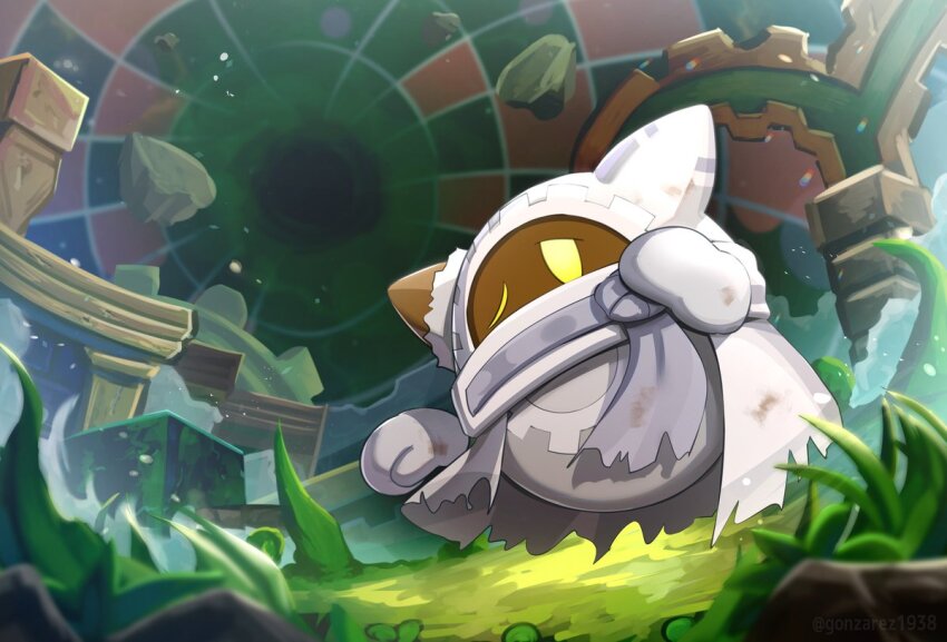 gonzarez grass kirby&#039;s_return_to_dream_land kirby&#039;s_return_to_dream_land_deluxe kirby&#039;s_return_to_dream_land_deluxe kirby_(series) magolor magolor_epilogue nintendo one_eye_closed outdoors rayman_limbs solid_oval_eyes solo torn_clothes wormhole yellow_eyes