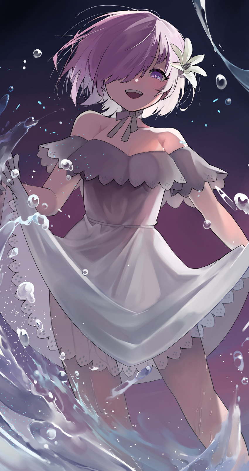 1girl absurdres commentary_request dress fate/grand_order fate_(series) flower frill_inferno gloves hair_flower hair_ornament hair_over_one_eye highres looking_at_viewer mash_kyrielight mash_kyrielight_(formal_dress) official_alternate_costume one_eye_covered open_mouth partially_submerged pink_hair purple_eyes skirt_hold sleeveless sleeveless_dress smile solo teeth upper_teeth_only water white_dress white_flower white_gloves