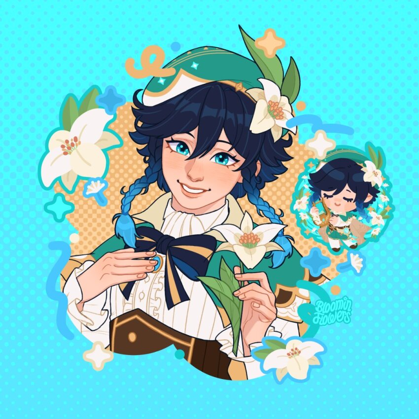 1boy artist_name black_hair bloominflowers blue_background blue_eyes blue_hair chibi chibi_inset flower genshin_impact gradient_hair green_hat hat holding holding_flower looking_at_viewer multicolored_hair two-tone_hair upper_body venti_(genshin_impact) white_flower