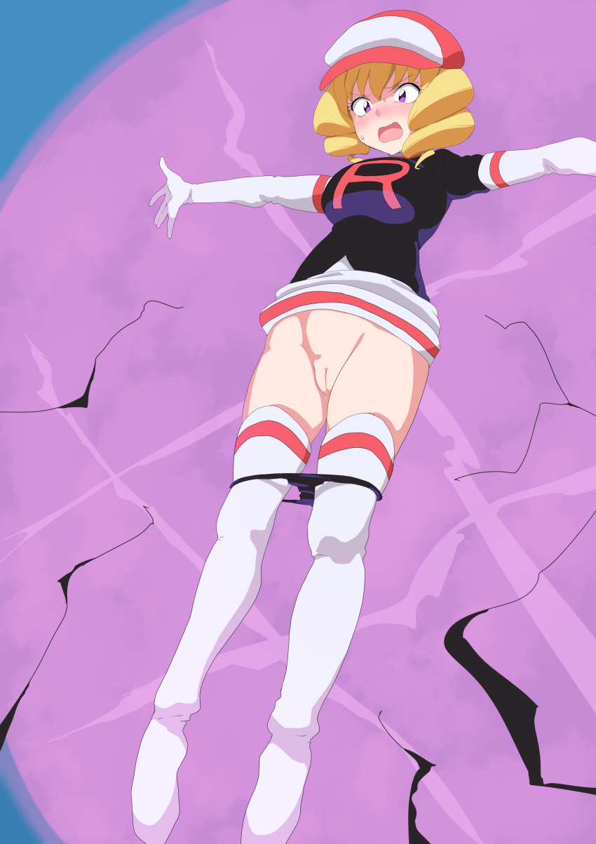 1girl absurdres black_jacket black_panties blonde_hair boots clothes_lift commentary_request domino_(pokemon) elbow_gloves embarrassed gloves hat highres jacket logo looking_down medium_hair nintendo open_mouth outstretched_arms panties panty_pull pink_hat pokemon pokemon_(anime) pokemon_(classic_anime) purple_eyes pussy sarura skirt skirt_lift solo team_rocket team_rocket_uniform textless_version thigh_boots underwear white_boots white_gloves white_skirt