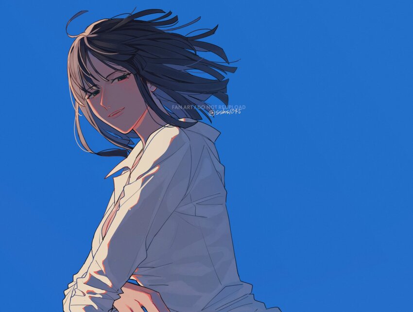 1girl black_hair blue_eyes blue_sky blunt_bangs blunt_ends breasts cleavage collared_shirt commentary floating_hair highres looking_at_viewer nico_robin nico_robin_(alabasta) one_piece paruma_umu profile shirt sky smile solo symbol-only_commentary upper_body white_shirt