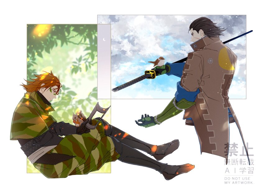 2boys :| bird black_gloves brown_coat brown_eyes brown_hair camouflage camouflage_pants closed_mouth coat covered_mouth crossed_legs facepaint facial_scar forehead_protector gloves highres holding holding_sword holding_unworn_clothes holding_weapon invisible_floor katakura_kojuurou_(sengoku_basara) katana looking_at_animal male_focus multiple_boys pants sarutobi_sasuke_(sengoku_basara) sawa12sss scar scar_on_cheek scar_on_face sengoku_basara short_hair sitting squirrel sword unworn_headwear watermark weapon