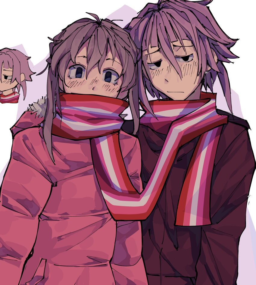 1girl 1other :/ alternate_costume blonde_hair chibi chibi_inset coat commentary covered_mouth crona_(soul_eater) english_commentary hair_between_eyes highres kaligraphy lesbian_flag long_bacon_store_(meme) maka_albarn meme other_focus other_with_female pink_coat pink_hair scarf shared_clothes shared_scarf short_twintails soul_eater striped_clothes striped_scarf twintails winter_clothes