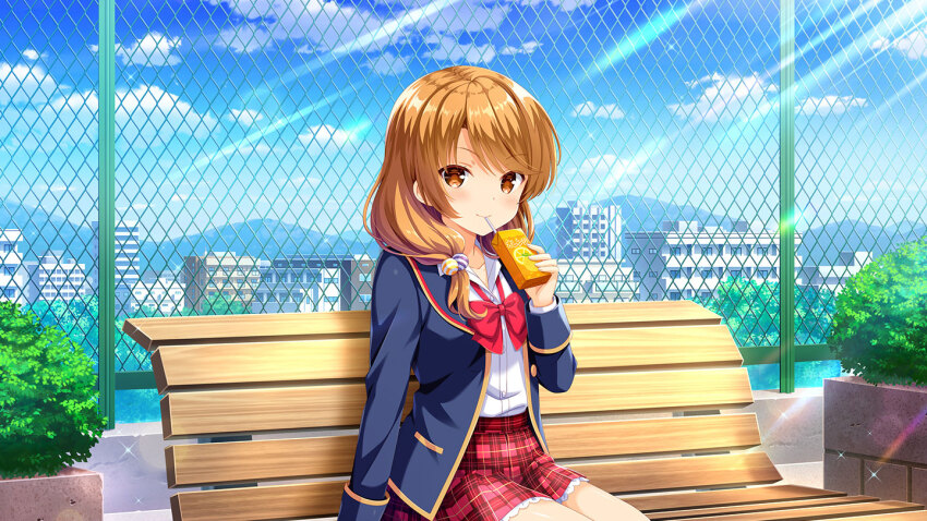 1girl bench blazer blue_jacket bow bowtie brown_eyes brown_hair closed_mouth day drinking girlfriend_(kari) jacket juice_box looking_at_viewer low_twintails official_art open_clothes open_jacket outdoors plaid_clothes plaid_skirt pleated_skirt qp:flapper red_bow red_skirt rooftop school_uniform shirt sitting skirt smile socks solo tagme tamai_remi twintails white_shirt