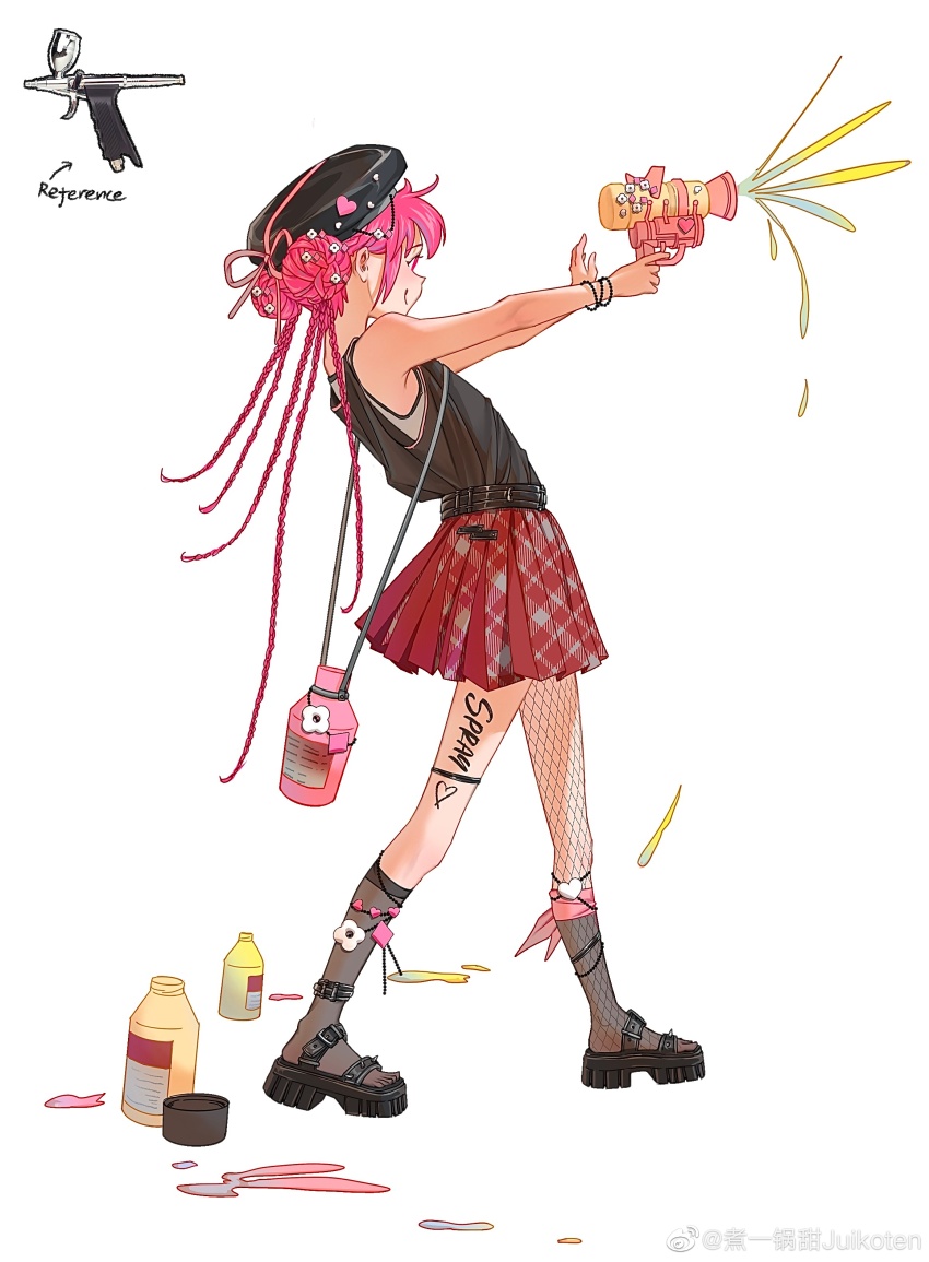 1girl absurdres belt beret black_belt black_footwear black_hat black_shirt black_socks body_writing bottle bracelet braid chinese_commentary closed_mouth double_bun english_text from_side full_body hair_bun hair_ornament hat heart highres holding holding_water_gun jewelry kneehighs leaning_back leg_ribbon long_hair looking_afar original outstretched_arms paint paint_gun pink_eyes pink_hair pink_ribbon plaid_clothes plaid_skirt platform_footwear pleated_skirt portrait red_skirt ribbon shirt simple_background single_fishnet_legwear skirt sleeveless sleeveless_shirt smile socks solo standing very_long_hair water_gun watermark weibo_watermark white_background zhu_yiguo_tian